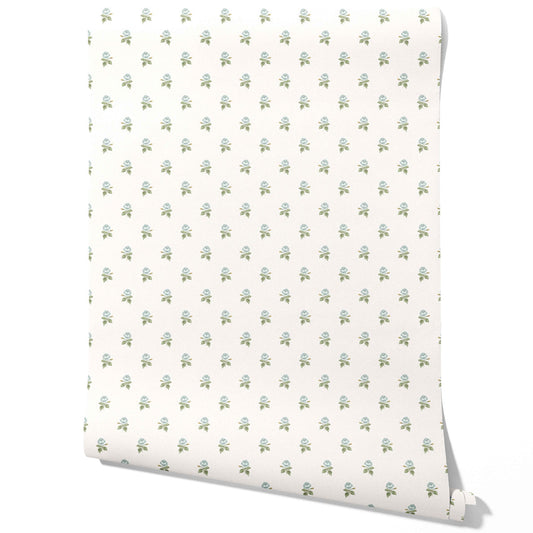 Vintage-Inspired Floral Block Print Traditional Wallpaper Sample (Blue/ Green/ White)