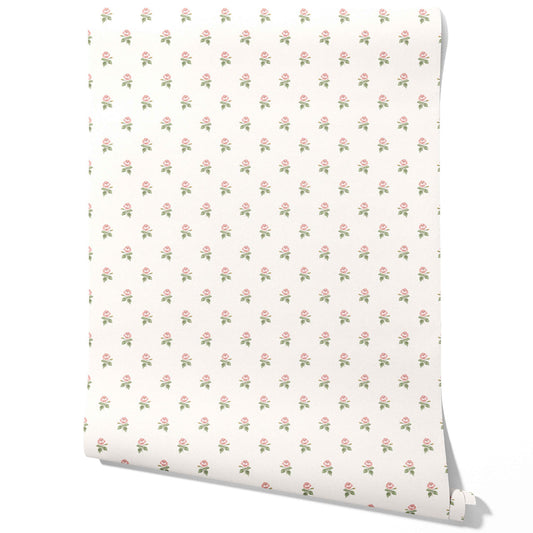 Vintage-Inspired Floral Block Print Traditional Wallpaper Sample (Pink/ Green/ White)