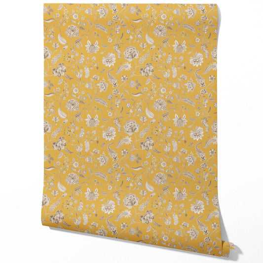 Floral Botanical Patterned Traditional Wallpaper Sample (Yellow/ Beige)