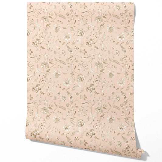 Floral Botanical Patterned Traditional Wallpaper Sample (Sandy Pink/ Beige)