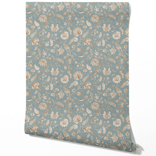 Floral Botanical Patterned Traditional Wallpaper Sample (Blue-Gray/ Beige)