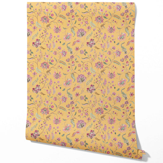 Floral Botanical Patterned Traditional Wallpaper Sample (Yellow/ Pink/ Green)