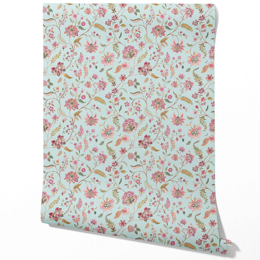 Floral Botanical Patterned Traditional Wallpaper Sample (Blue/ Pink/ Green)
