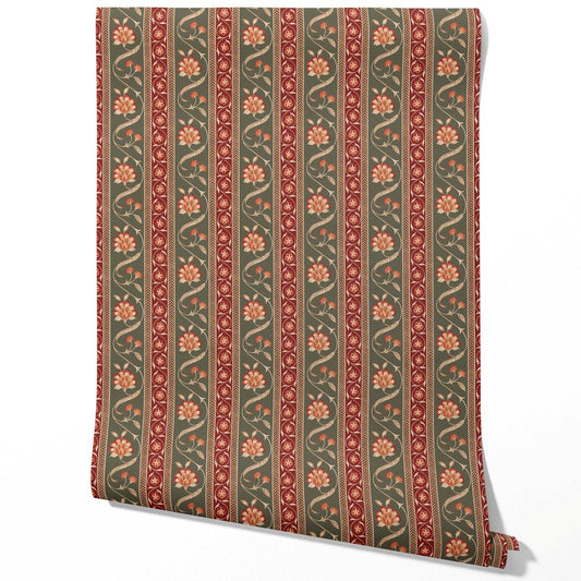 Floral Botanical Striped Traditional Wallpaper Sample (Olive Green/ Red/ Maroon/ Beige)