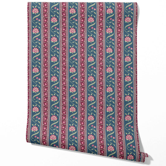 Floral Botanical Striped Traditional Wallpaper Sample (Teal Blue/ Pink/ Green)