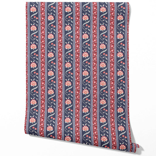 Floral Botanical Striped Traditional Wallpaper Sample (Navy Blue/ Red/ Gray)