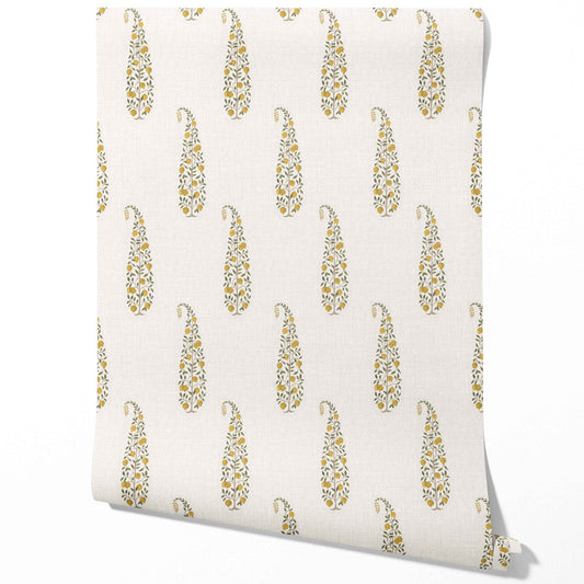 Ethnic/ Vintage-Inspired Floral Paisley Traditional Wallpaper Sample (Yellow/ Green/ Off-White)