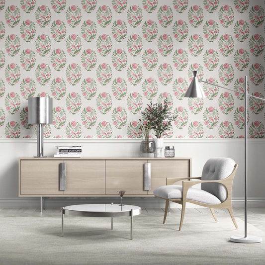 Birds/ Floral Block Print Traditional Wallpaper Sample (Pink/ Green)