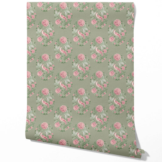 Birds/ Floral Block Print Traditional Wallpaper Sample (Sage Green/ Pink)