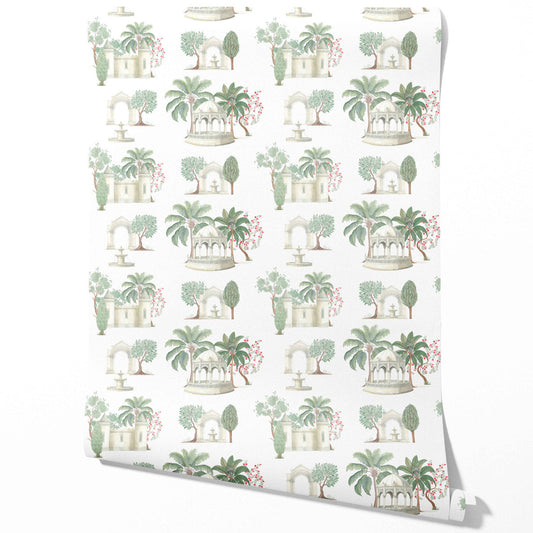 Floral Botanical Patterned Traditional Wallpaper Sample (Pink/ Red/ Green/ White)