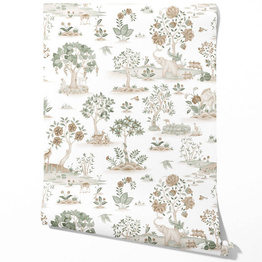 Modern Floral Botanical/ Nature Print Traditional Wallpaper Sample (White/ Beige/ Green/ Brown/ Gray)