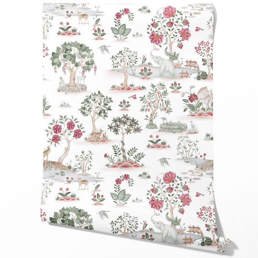Modern Floral Botanical/ Nature Print Traditional Wallpaper Sample (White/ Pink/ Red/ Green/ Gray)