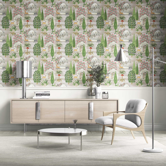 Vintage Heritage/ Ethnic Chinoiserie Traditional Wallpaper Sample (White/ Green/ Pink/ Tan/ Red)