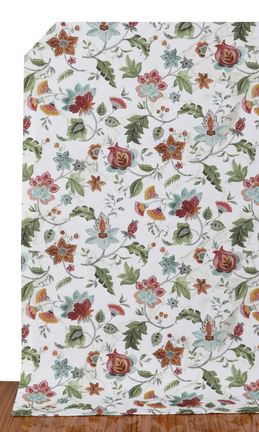 Floral Cotton Home Decor Fabric Sample (White/ Green/ Red)