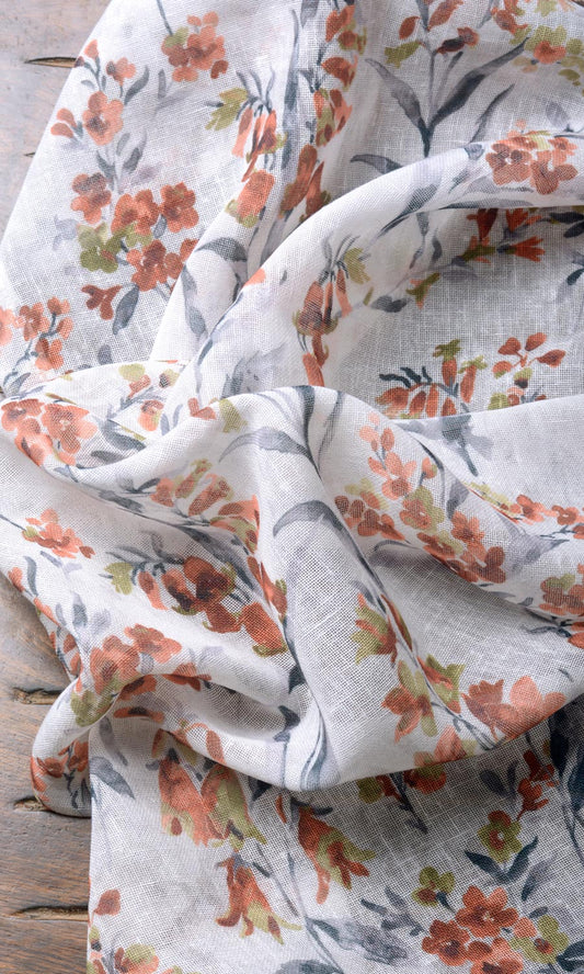 Floral Print Sheer Home Decor Fabric Sample (White/ Orange)