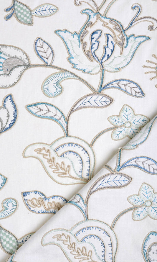 Floral Embroidery Window Curtains (Blue/ White)