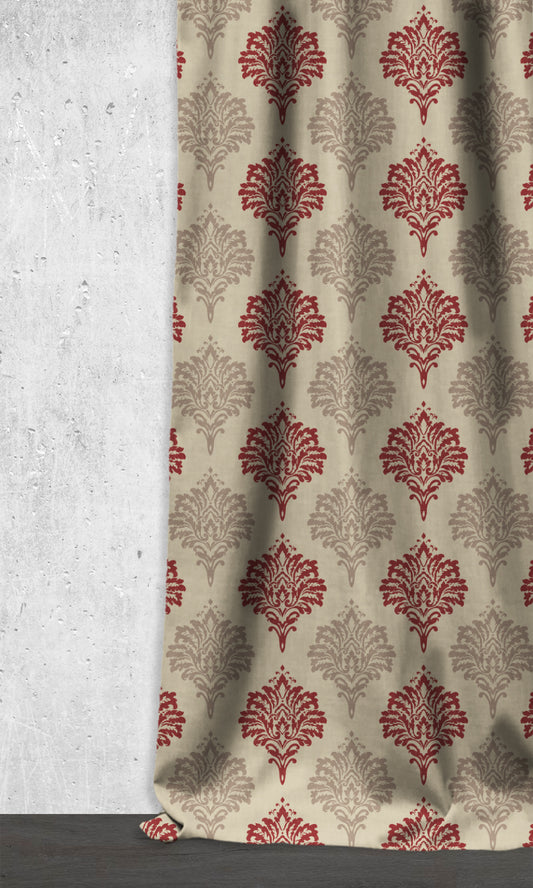 Damask Dimout Drapes (Red/ Stone Grey)