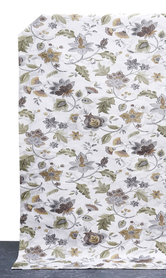 Floral Cotton Home Decor Fabric Sample (White/ Grey/ Green)