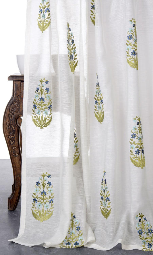 Sheer Floral Paisley Window Shades (White/ Green/ Blue)