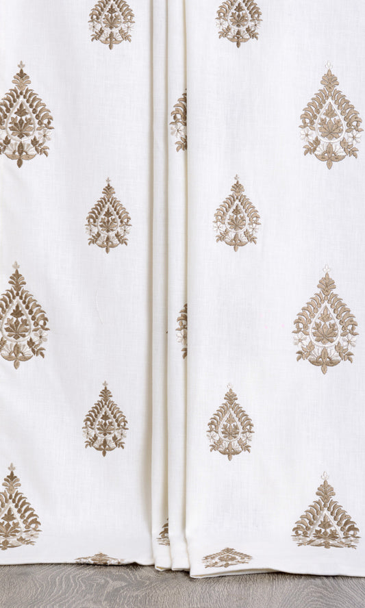 Damask Embroidery Window Curtains (Off White/ Coffee Brown)