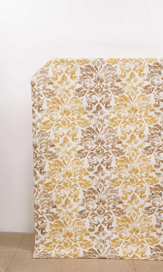Damask Cotton Window Curtains (Ocher Yellow/ Mocha Brown)