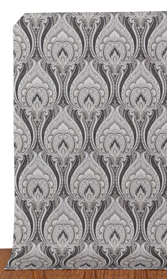 Floral Damask Window Curtains (Grey/ Charcoal)