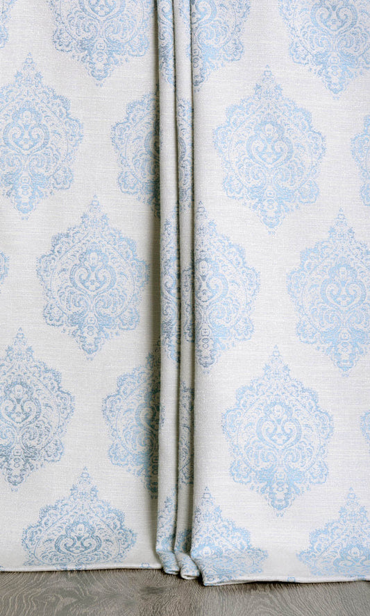 Damask Poly-Cotton Window Curtains (White/ Blue)