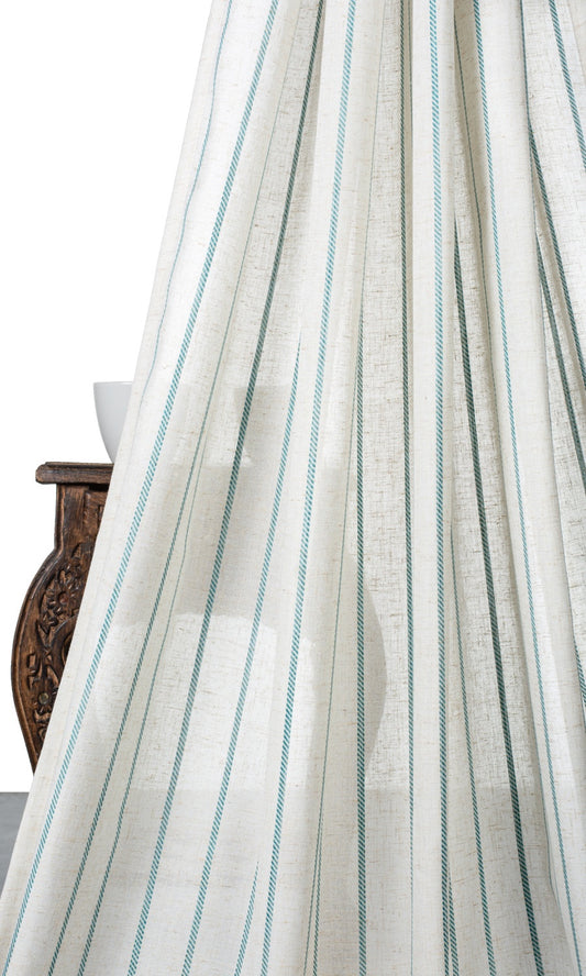 Striped Sheer Window Curtains (White/ Turquoise Blue)