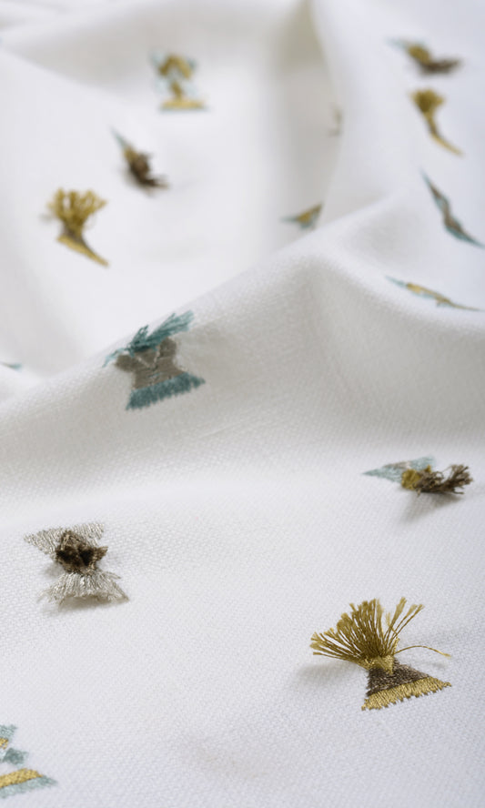 Embroidered Home Décor Fabric By the Yard (Green/ Blue/ White)