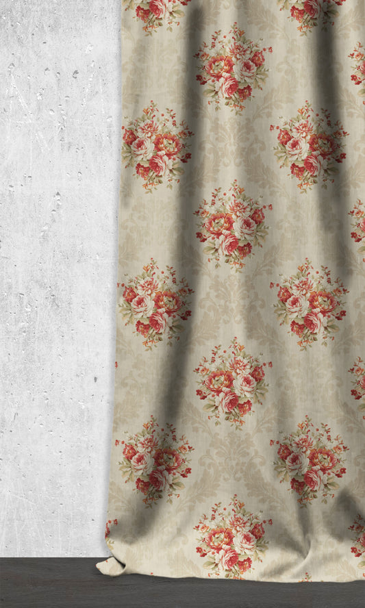 Dimout Floral Home Décor Fabric By the Yard (Red/ Creamy-Beige)