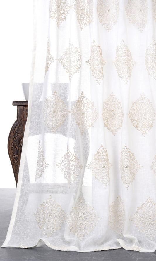 Sheer Floral Embroidered Home Decor Fabric Sample (White/ Cream)