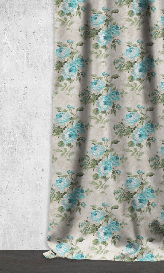 Floral Dimout Home Decor Fabric Sample (Blue/ White/ Green)