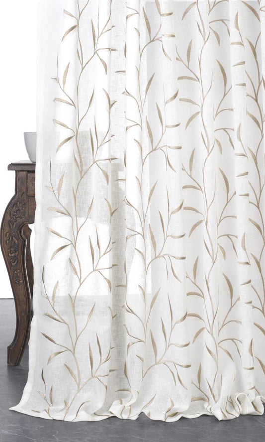 Sheer Floral Embroidered Home Decor Fabric Sample (White/ Brown)
