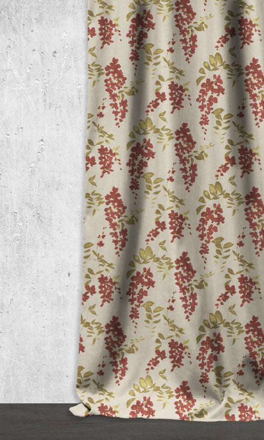 Dimout Floral Home Décor Fabric By the Yard (Red/ Green/ Pale Grey)