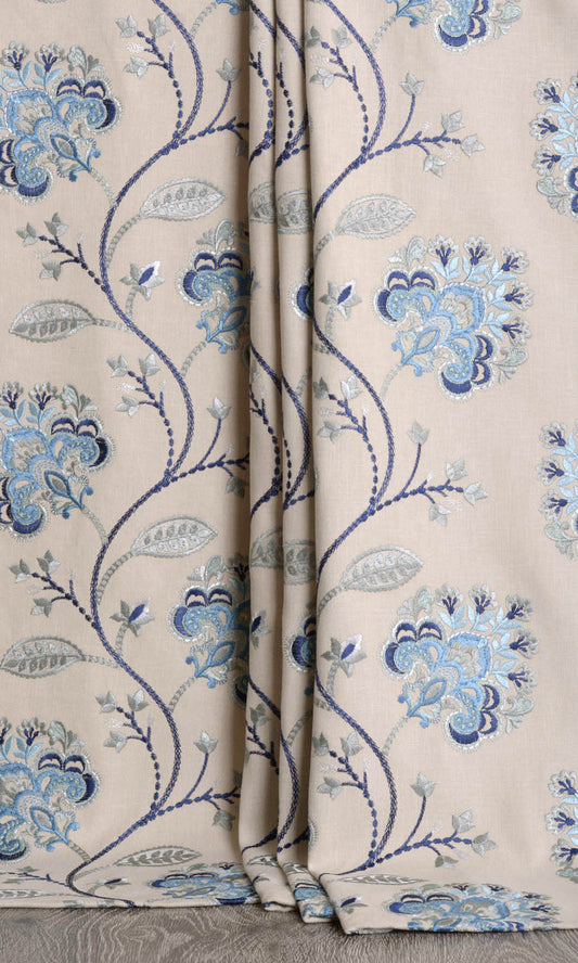 Floral Embroidered Cotton Home Decor Fabric Sample (Beige/ Blue)