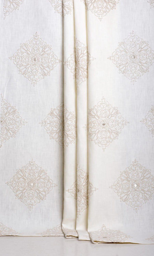 Poly-Linen Embroidered Window Curtains (White/ Cream)