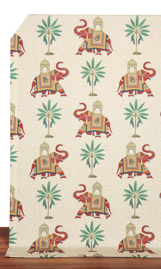 Elephant Print Cotton Home Decor Fabric Sample (Ivory/ Red/ Green)